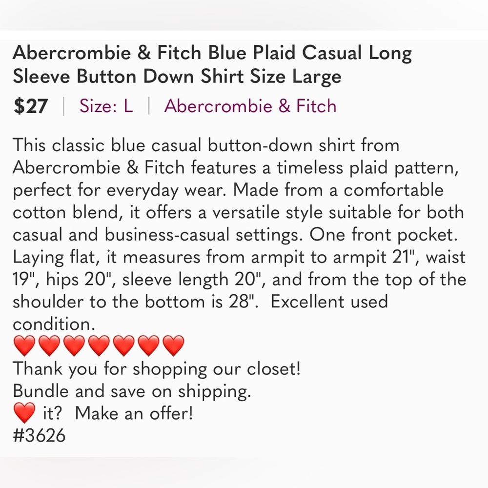 Abercrombie & Fitch Blue Plaid Casual Long Sleeve Button Down Shirt Size Large - Picture 2 of 10